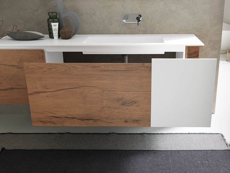 dual-paneled drawer front on luxury bathroom vanity