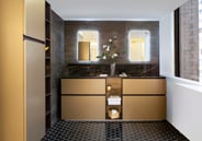 Urban freestanding bathroom vanity with open shelving