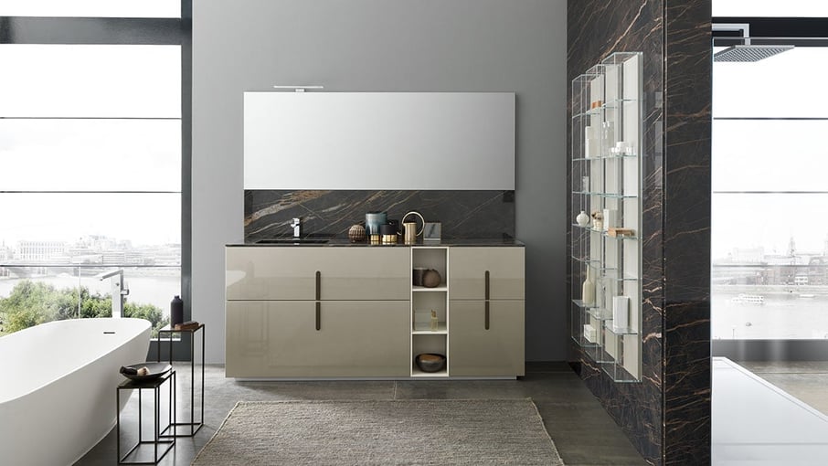 luxury bathroom vanity with open shelves