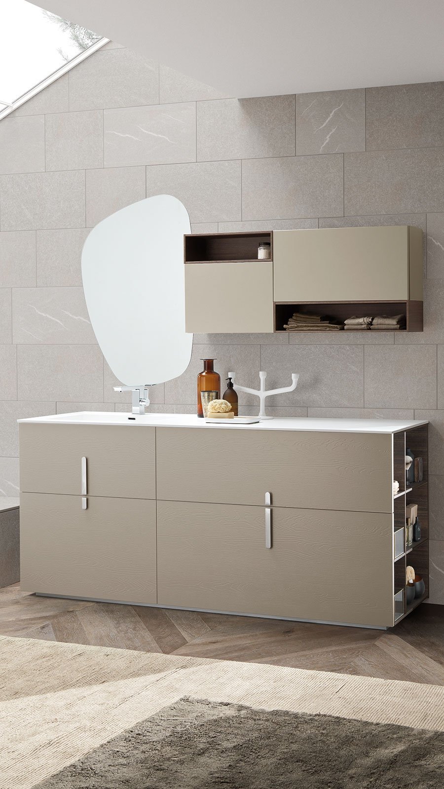 luxury vanity with coordinating shelves