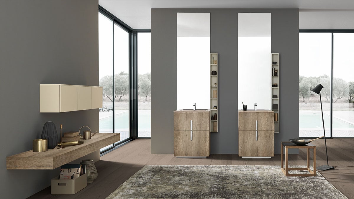 luxury double vanity with double sinks in open bathroom