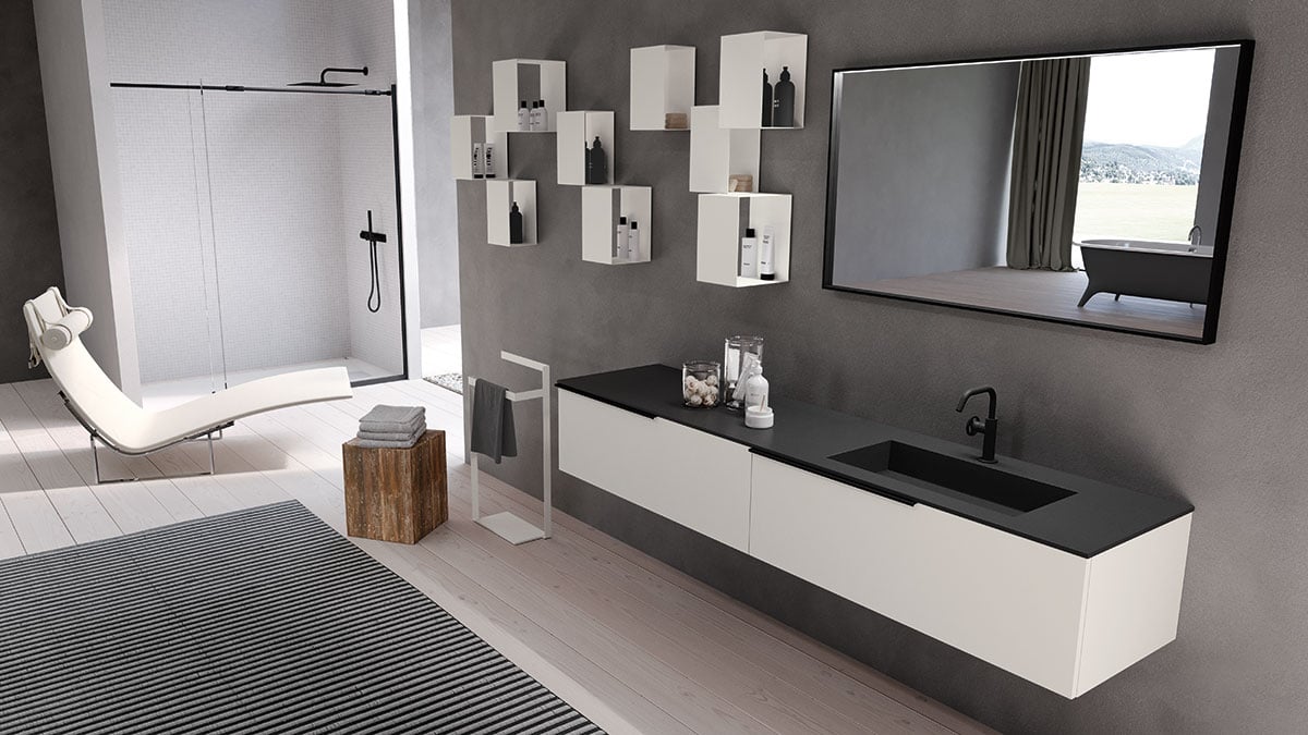 open modern bathroom with luxury vanity