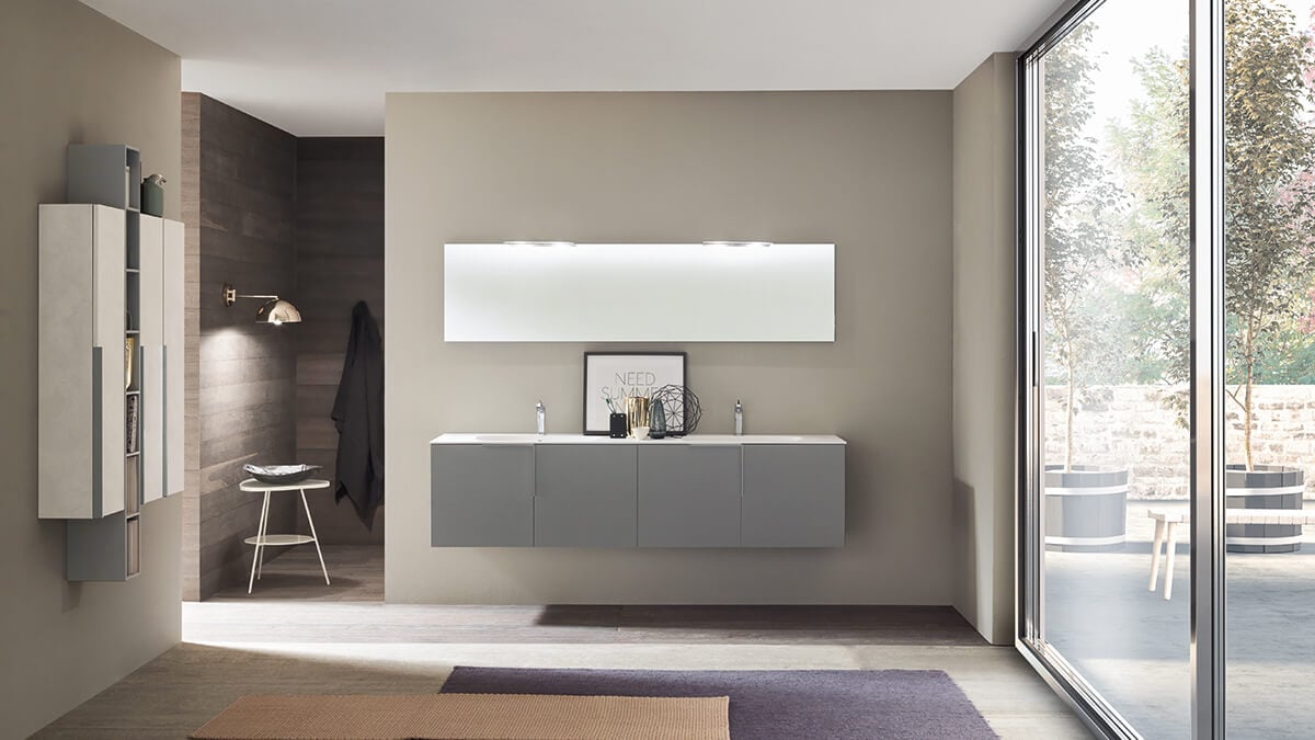 Gray luxury vanity with rectangular mirror