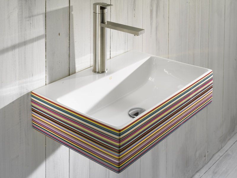 Thin rectangular ceramic basin with colored stripes