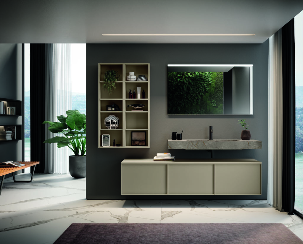 Class vanity and open wall-mounted storage shelf