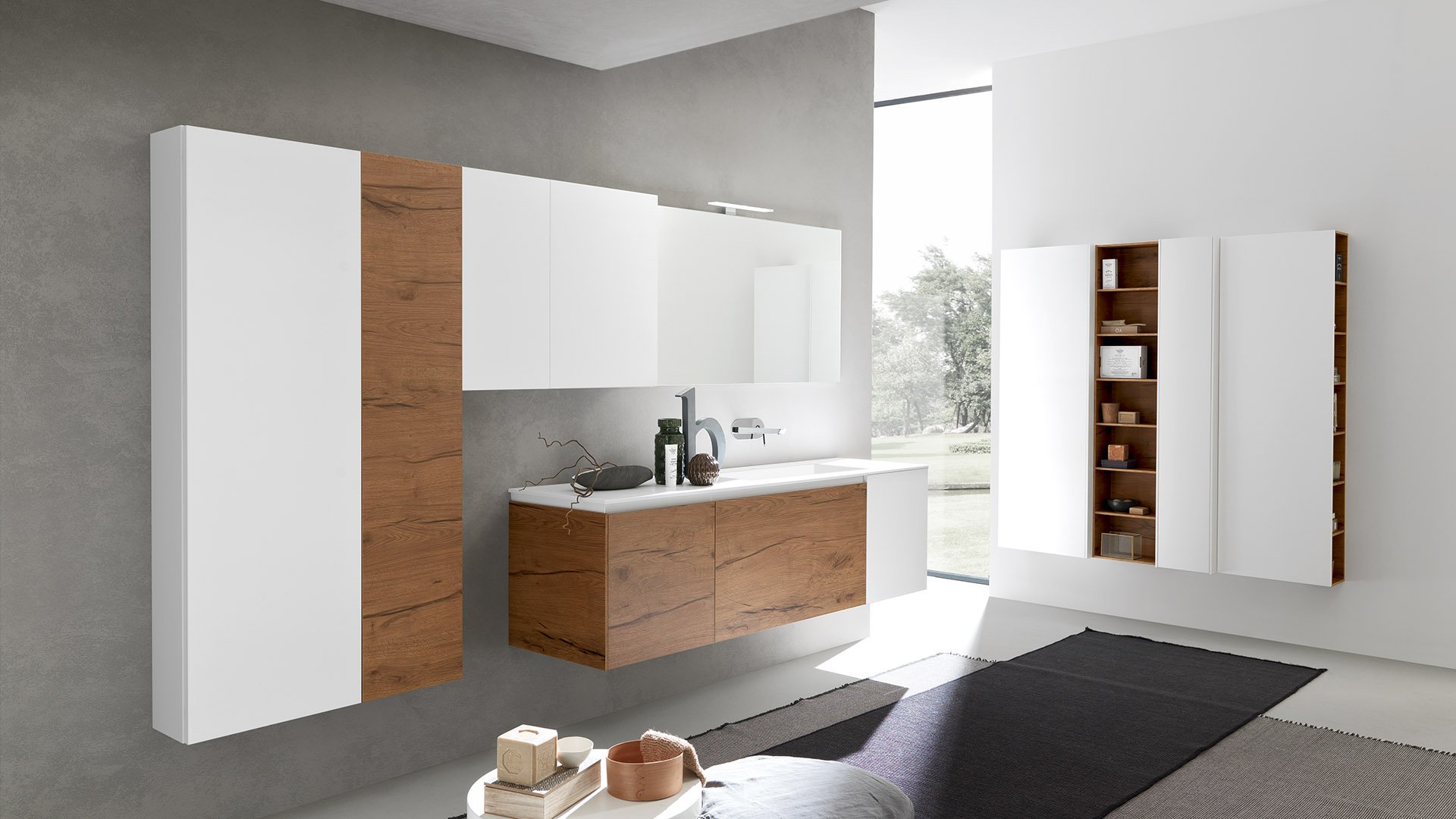 Coordinating bathroom vanity and wall storage in modern bathroom