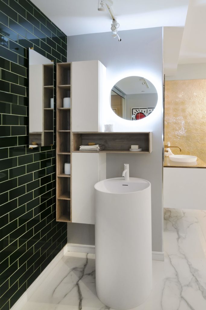 Pedestal sink with wall-mounted storage