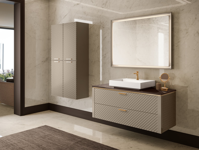 New Hastings Vanity Collections Lame Mako tan textured color finish and gold trim
