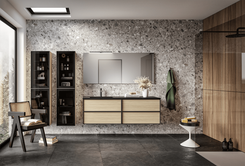 Bathroom with wooden finish Class vanity along with open storage shelves