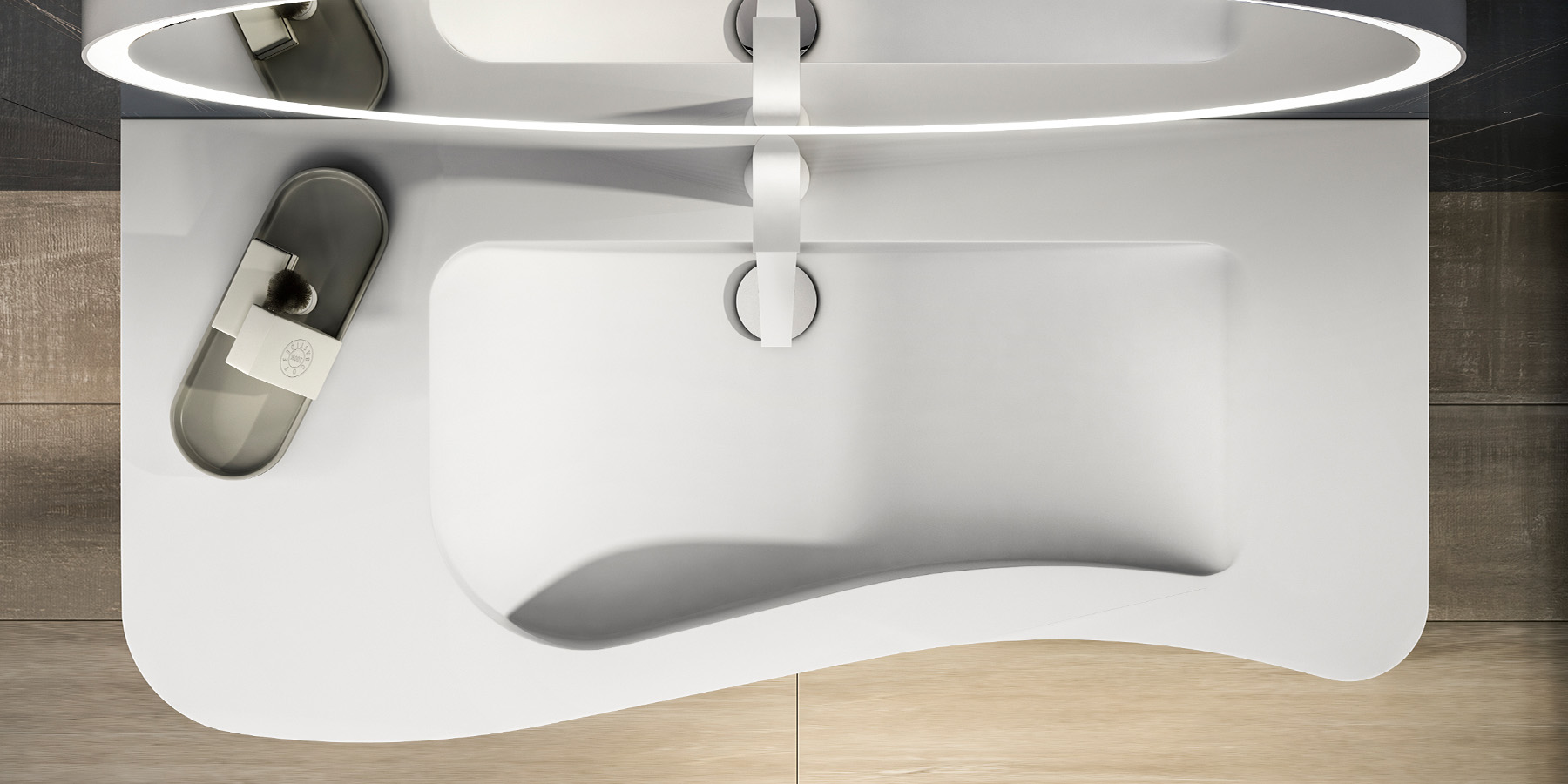 Overhead shot of an Onda sink and cabinet