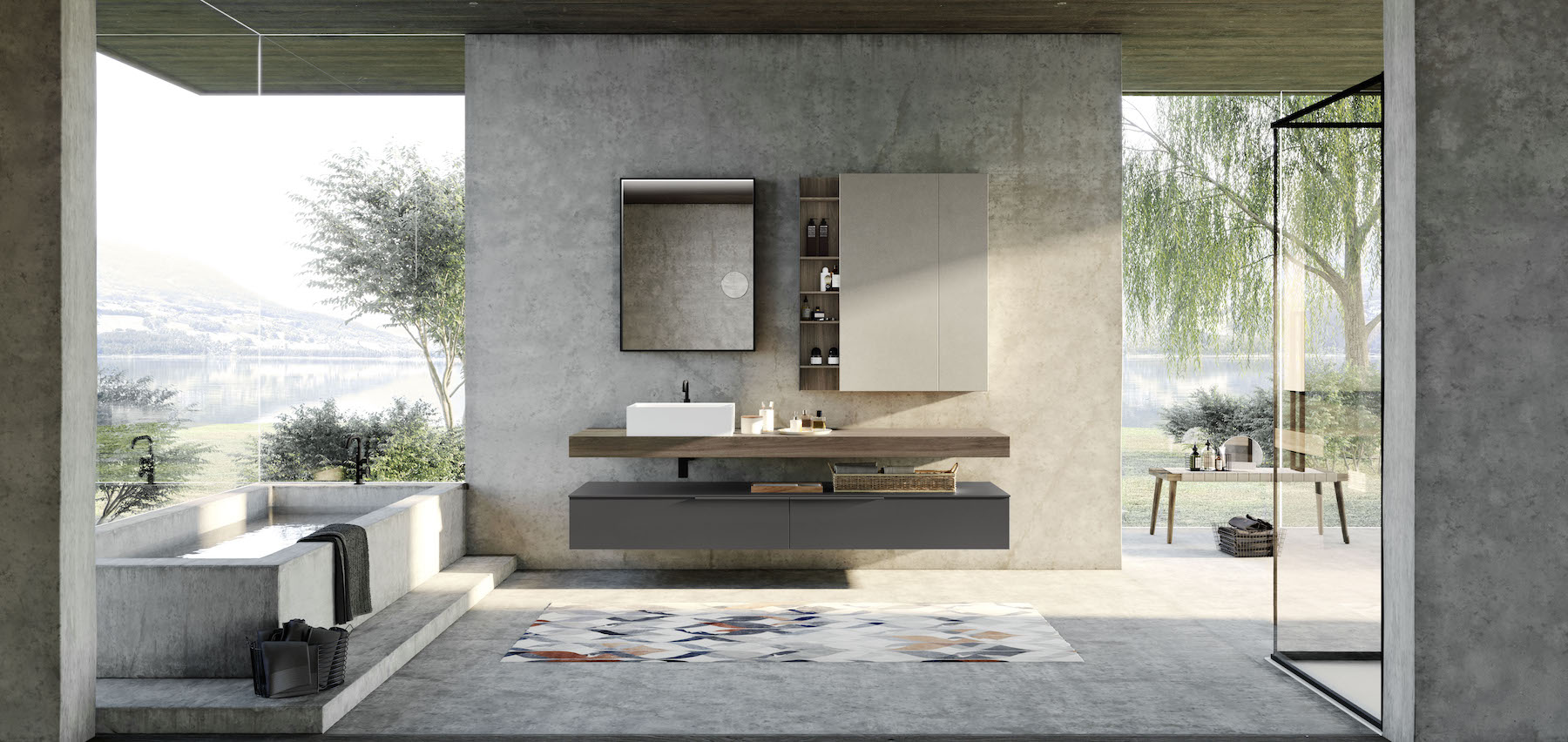 Urban countertop with coordinating open and closed bathroom storage