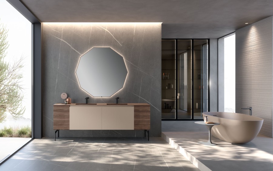 A beautifully designed high-end bathroom vanity, wall-mounted, with matte black fixtures.