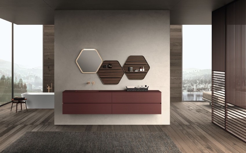 A high-end bathroom vanity in gorgeous red, maroon finish.