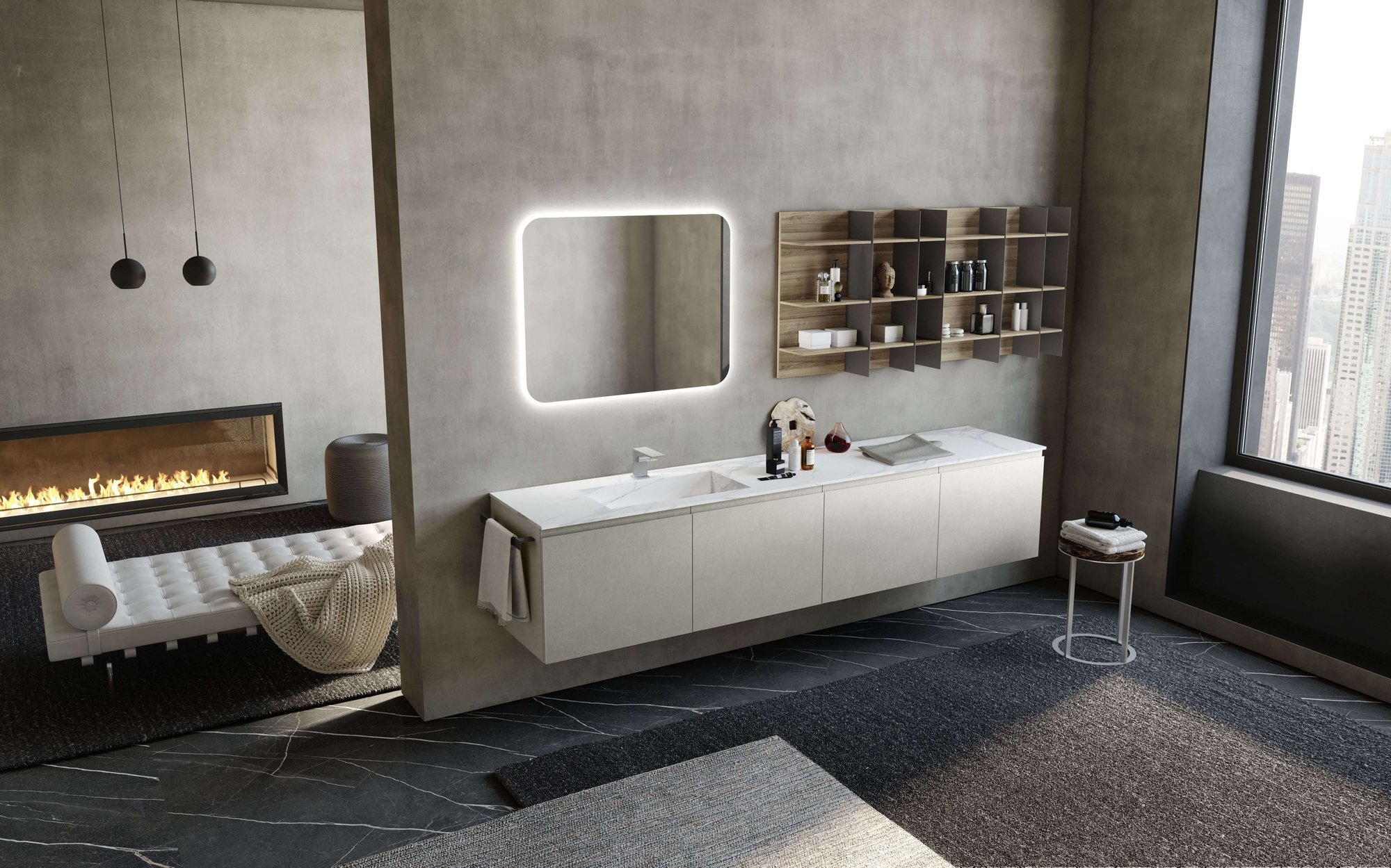 A look into a timeless luxury bathroom layout that includes floating vanity, backlit mirror and open-shelf storage.