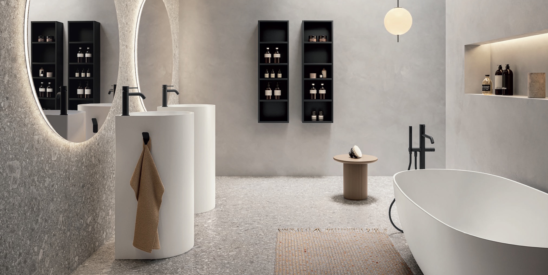 Double Axo pedestal basins in modern bathroom