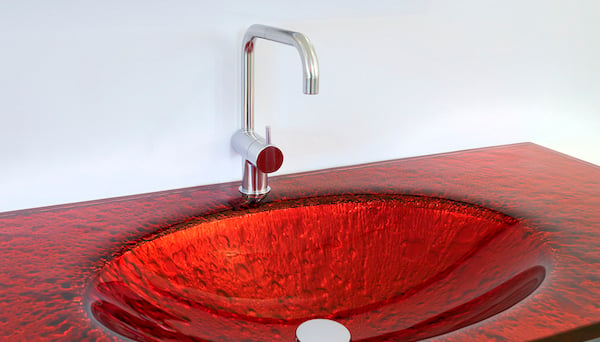 VOLA KV1 basin faucet in silver with red countertop