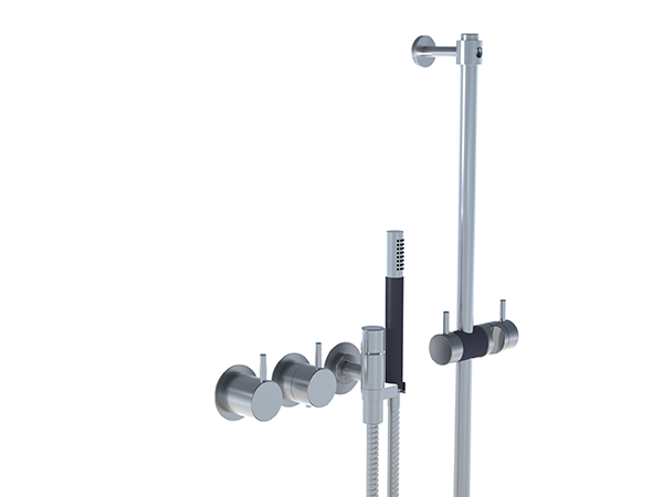 Wall-mounted adjustable shower rail with bar-style hand shower and thermostatic mixer