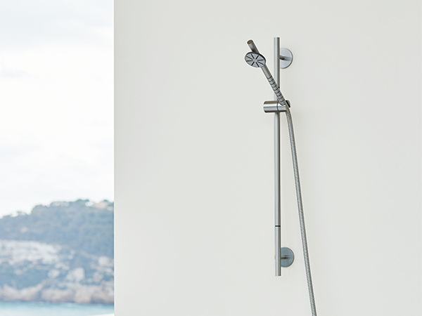 Wall-mounted adjustable shower rail with round hand shower and thermostatic mixer