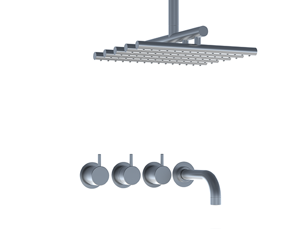Ceiling-mounted rain head with wall-mounted tub spout, and thermostatic mixer with diverter