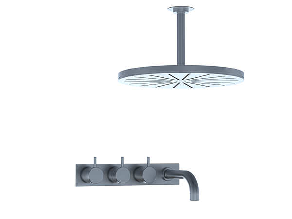 Ceiling-mounted round shower head with wall-mounted tub filler, mixer, and handle