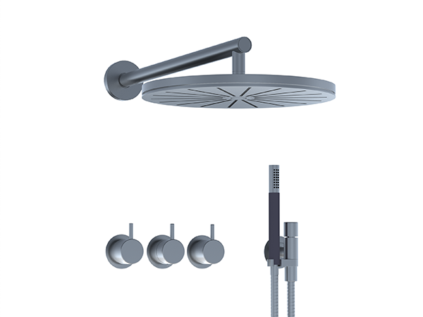 Wall-mounted round shower head with bar-style hand shower and thermostatic mixer with built-in diverter