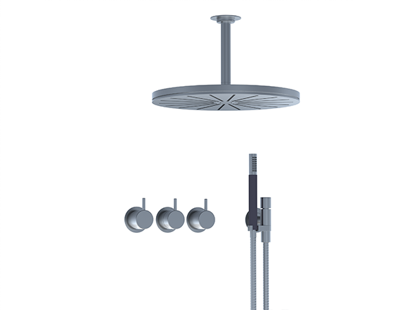 Ceiling-mounted round shower head with bar-style hand shower and thermostatic mixer with built-in diverter