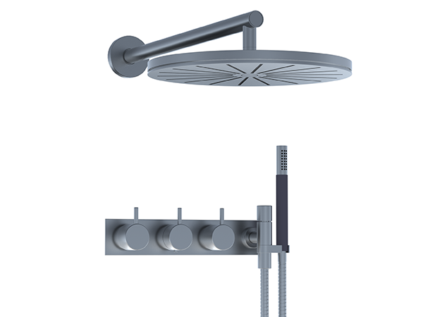 Wall-mounted round shower head with bar-style hand shower, hose, and holder to the right with back plate and thermostatic mixer with built-in diverter