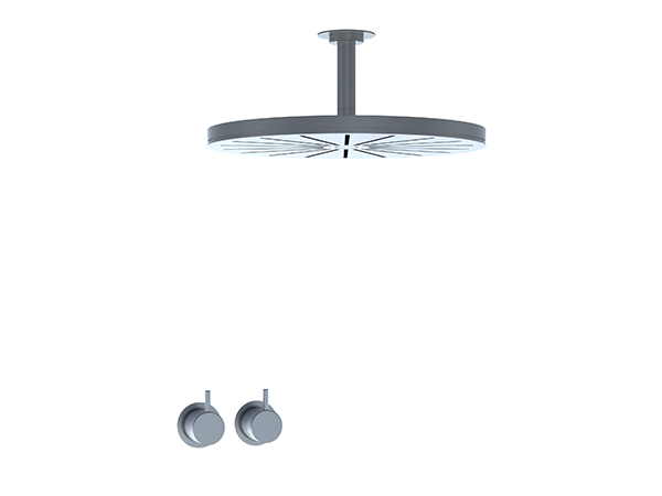 Ceiling-mounted round shower with thermostatic mixer