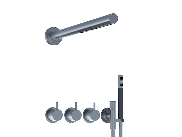 Wall-mounted cylindrical shower head with hand shower, hose, holder to the right, and thermostatic mixer with built-in diverter