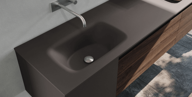 Brown bathroom vanity with integrated basin